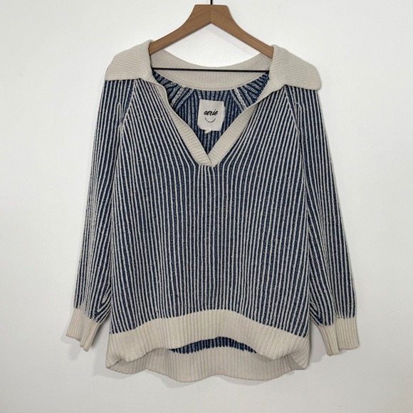 aerie Sweaters - Aerie Sweater Womens Small Blue White Striped Polo Oversized Coastal Preppy